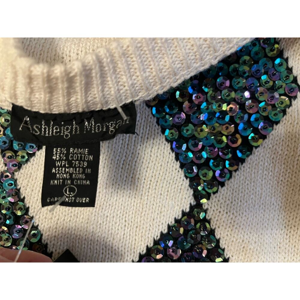 Vtg Sweater 80s Holiday Ashleigh Morgan Sequins Argyle Diamond Quiet Lux NWT L - Picture 4 of 9